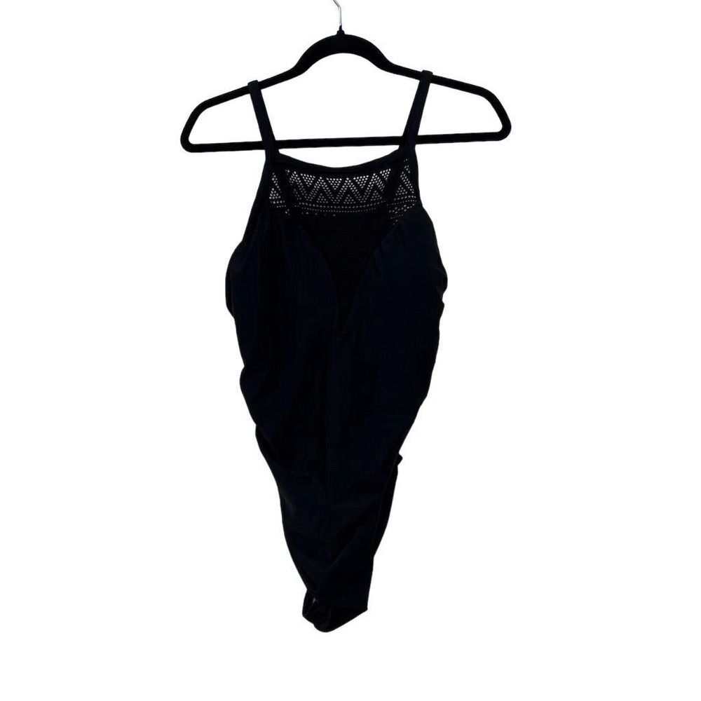 Aqua Green Black‎ Crochet High Neck One Piece Swimsuit Women's Size L Nylon NWT